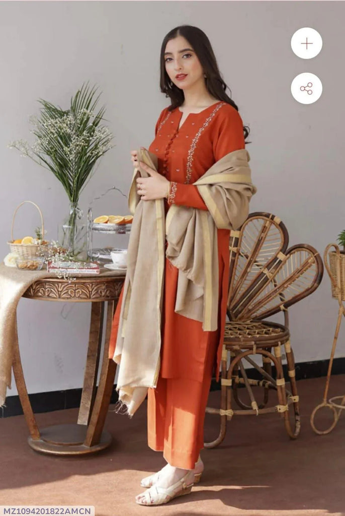 Orange Dhanak 3-Piece Suit with Wool Dupatta