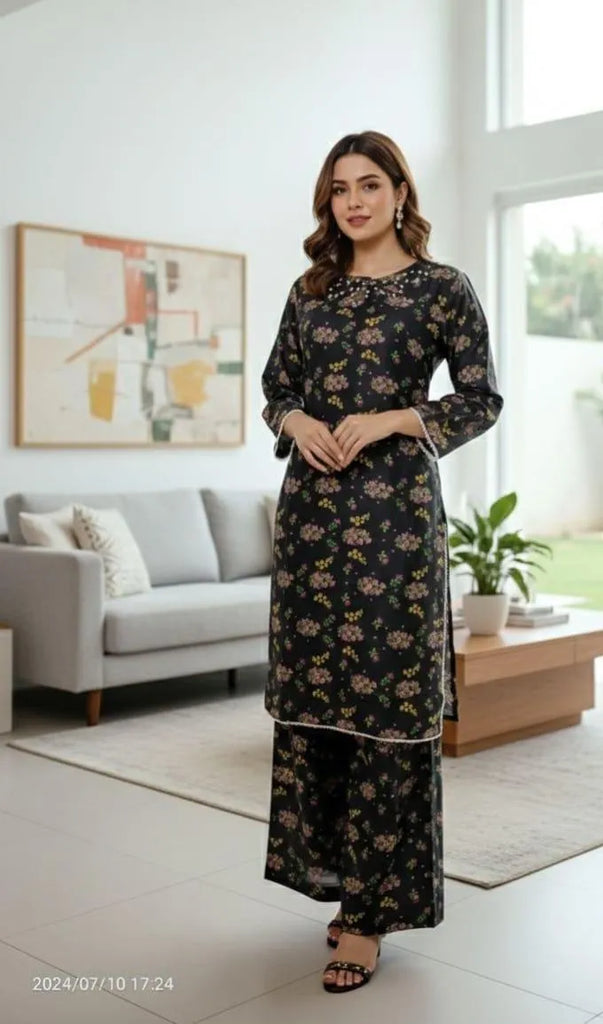 2 Pcs Women's Stitched Lawn Digital Print Shirt And Trouser with Handmade Neck